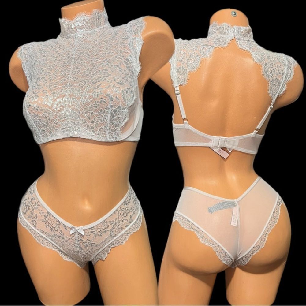 Victorias Secret set Dream Angels Metallic Lace High Neck bra & panty Pink 34C S
